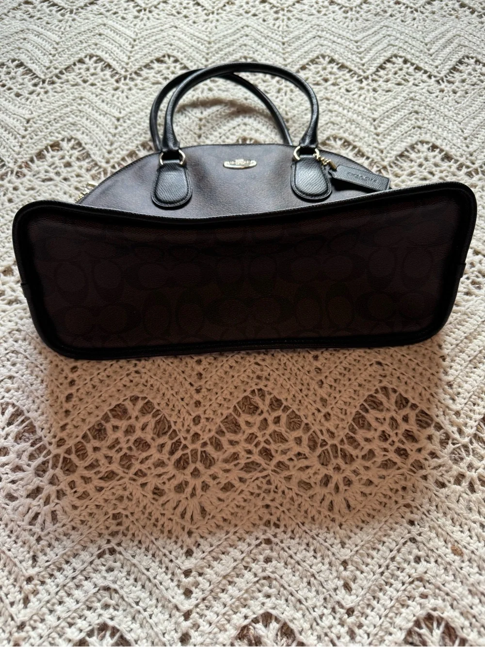 Coach Cora Domed Satchel Signature Canvas Brown Black Leather Bag F33904 K1481